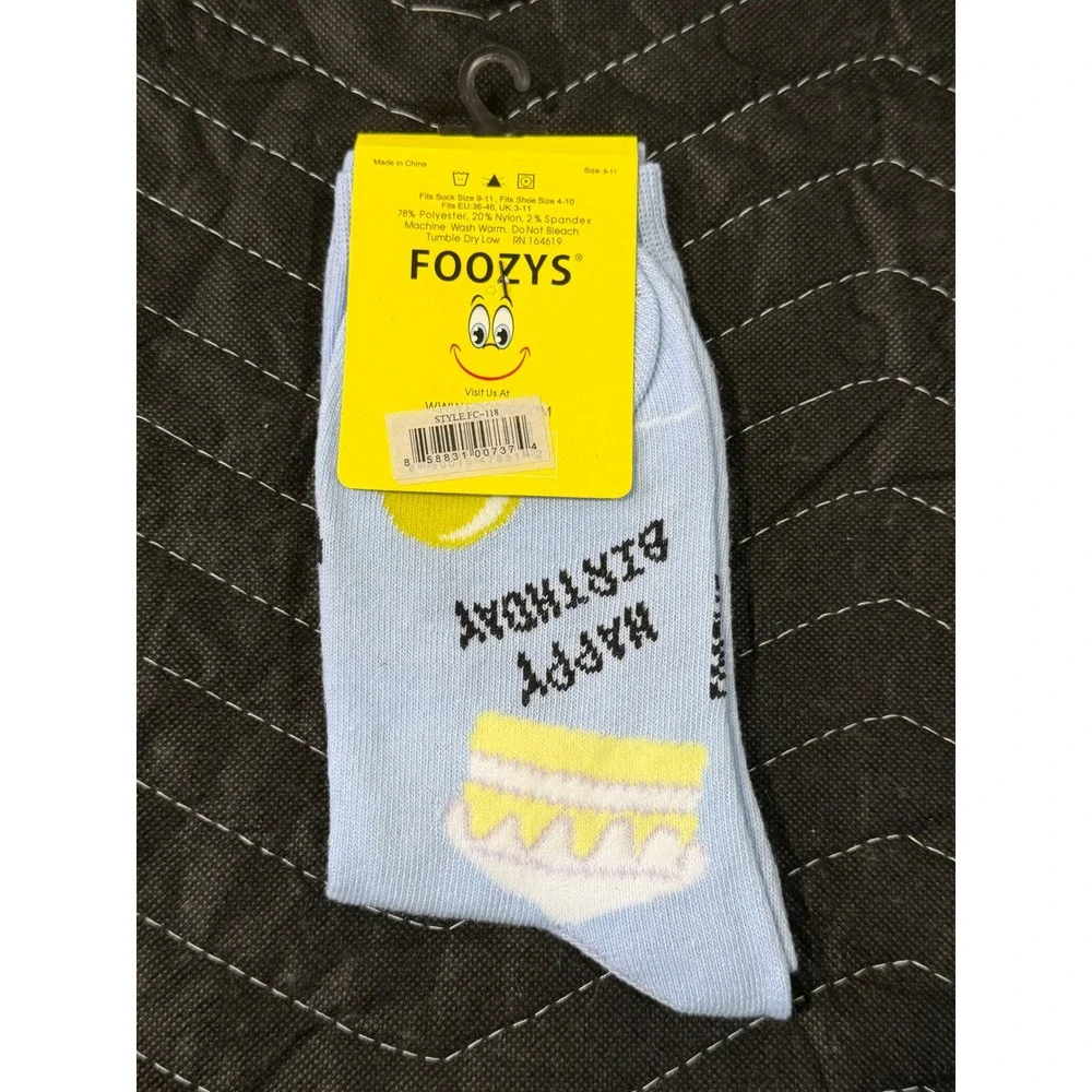 Foozys‎ Happy Birthday Socks Women Size 9-11 Blue NWT Novelty Graphic Crew